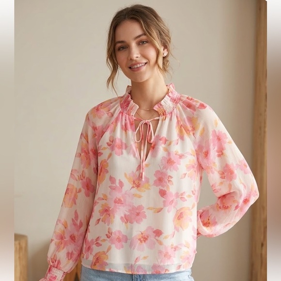 FAVE Tops - FATE. Floral Tie-Neck Blouse - Pink Floral. SIZE S